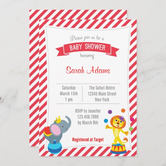 サーカスの動物のベビーシャワーの招待状の赤 招待状 (正面/裏面)