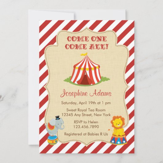 サーカスの動物のベビーシャワーの招待状 招待状 (正面)