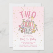 サーカスの動物 ピンク 2歳の誕生日 招待状 (正面)