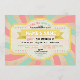 サーカスの双子の誕生日 ミント＆コーラル カーニバル ご招待 招待状