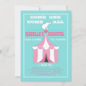 サーカスの大テントのカーニバルの誕生会のターコイズ|のピンク 招待状 (正面)