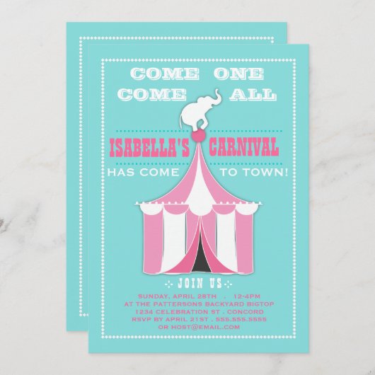 サーカスの大テントのカーニバルの誕生会のターコイズ|のピンク 招待状 (正面/裏面)