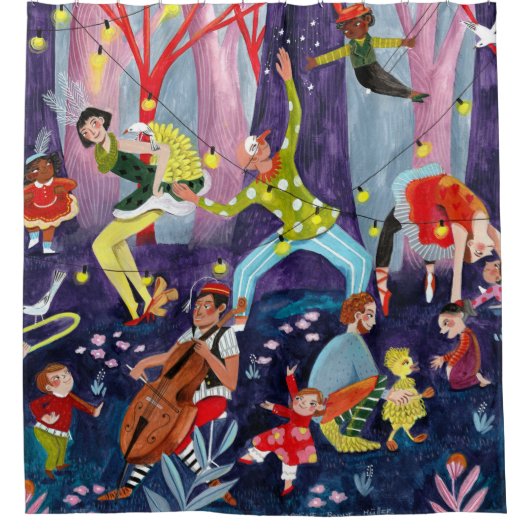 サーカスの子供たちと森の中のパフォーマンスのアーティスト シャワーカーテン (正面)