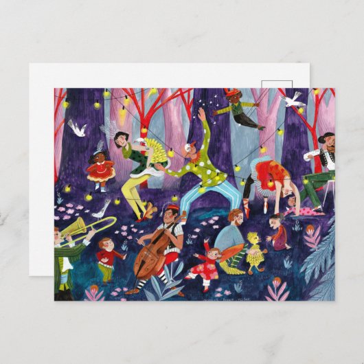 サーカスの子供たちと森の中のパフォーマンスのアーティスト ポストカード (正面/裏面)