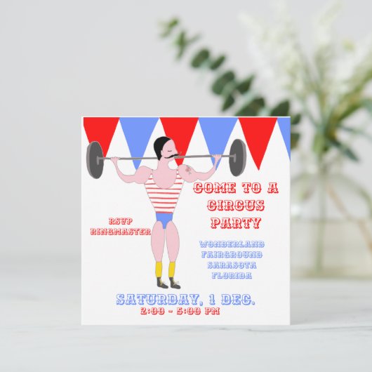 サーカスの強い人の赤いサーカスのテントのストライプのパーティー 招待状 (スタンド正面)