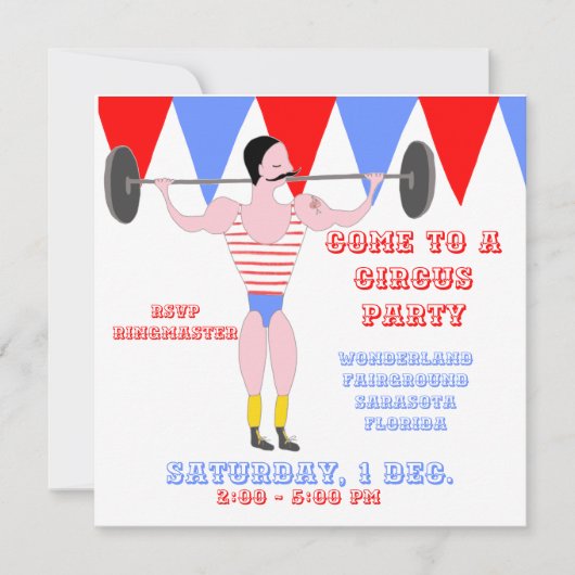サーカスの強い人の赤いサーカスのテントのストライプのパーティー 招待状 (正面)