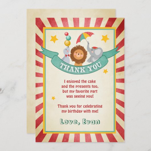 サーカスの誕生日のサンキューカードのカーニバルのヴィンテージ サンキューカード (正面/裏面)
