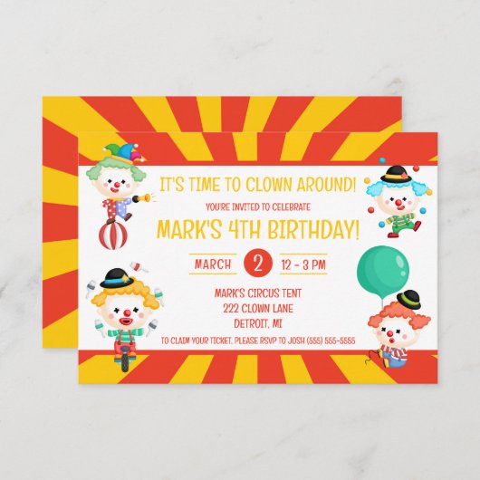 サーカスの誕生日パーティのまわりにーピエロの時間だ 招待状 (正面/裏面)