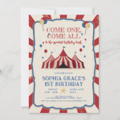 サーカスの誕生日パーティー カーニバル 1歳の誕生日 招待状 (正面)