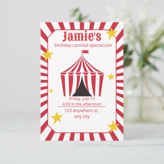 サーカスの誕生日招待状 | 赤いカーニバルテント 招待状 (スタンド正面)