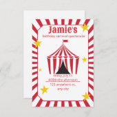 サーカスの誕生日招待状 | 赤いカーニバルテント 招待状 (正面/裏面)