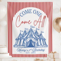 サーカスの1歳の誕生日のためのカスタム「Come ONE Come All」バナー