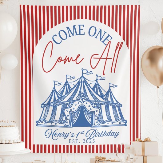 サーカスの1歳の誕生日のためのカスタム「Come ONE Come All」バナー タペストリー