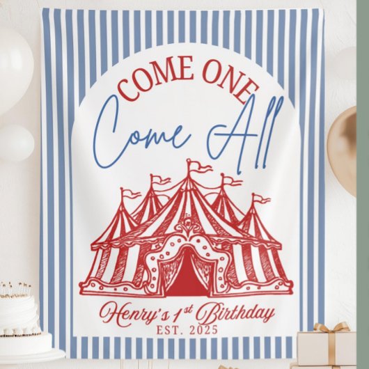 サーカスの1歳の誕生日のためのカスタム「Come ONE Come All」バナー タペストリー