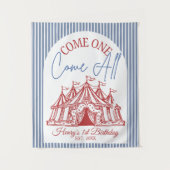 サーカスの1歳の誕生日のためのカスタム「Come ONE Come All」バナー タペストリー (正面)