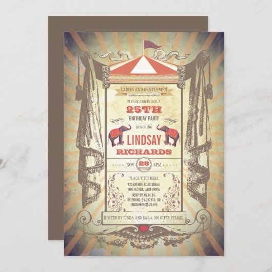 サーカスまたはヴィンテージのカーニバルの誕生会 招待状 (正面/裏面)