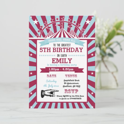 サーカスをテーマにした誕生日パーティーの招待状 招待状 (スタンド正面)