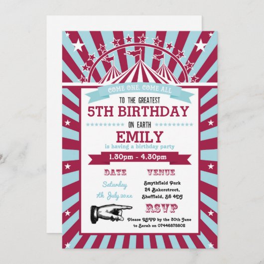 サーカスをテーマにした誕生日パーティーの招待状 招待状 (正面/裏面)