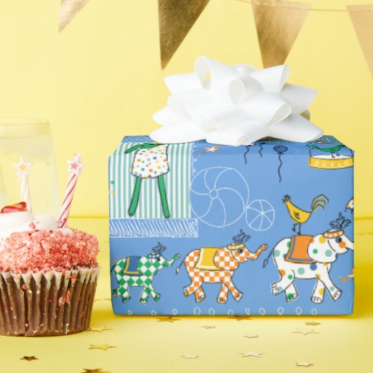 サーカスアニマルパフォーマンオンブルーラッピング紙 ラッピングペーパー (誕生日パーティー)