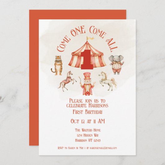 サーカスアニマルファースト誕生日招待状 招待状 (正面/裏面)