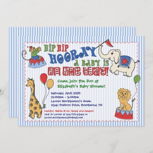 サーカスアニマルベビーシャワー招待状-青 招待状 (正面/裏面)