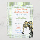 サーカスエレファントバースデーパーティー招待状グリーンドット 招待状 (正面/裏面)