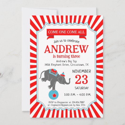 サーカスエレファントバースデーパーティー 招待状 (正面)