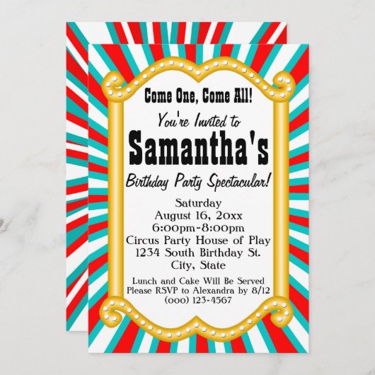 サーカスカラフルカーニバルマーキーバースデーパーティー 招待状 (正面/裏面)