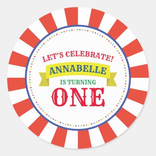 サーカスカラフルキュート1歳の誕生日パーティーテーマ ラウンドシール (正面)