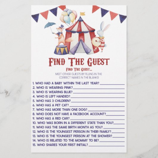 サーカスカーニバルを見つけるゲストベビーシャワーゲーム 便箋 (正面)