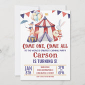 サーカスカーニバルアニマルレッドブルーバースデーパーティー 招待状 (正面)