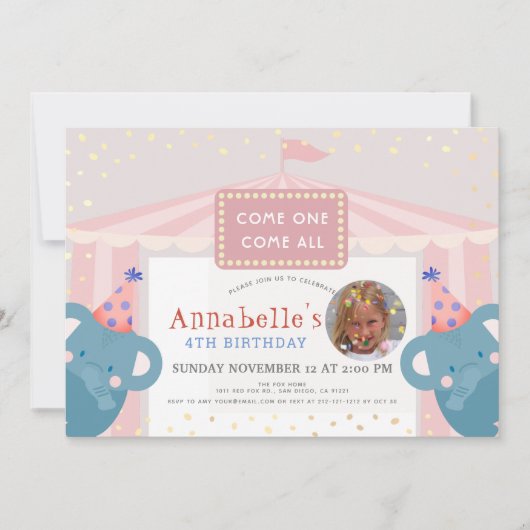 サーカスカーニバルエレファントピンクガールフォト誕生日 招待状 (正面)