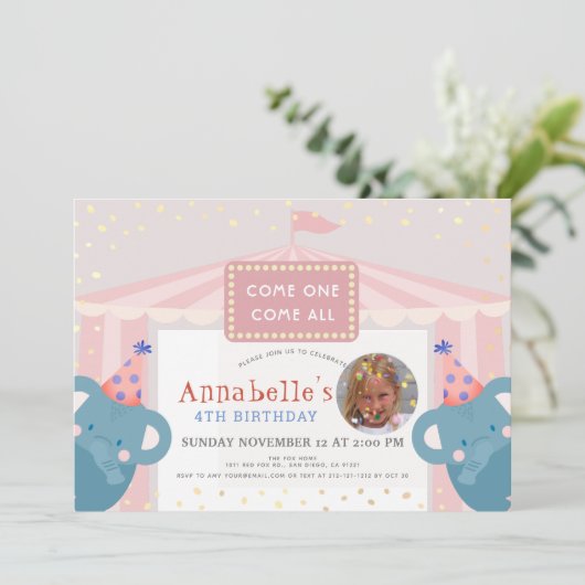 サーカスカーニバルエレファントピンクガールフォト誕生日 招待状 (スタンド正面)