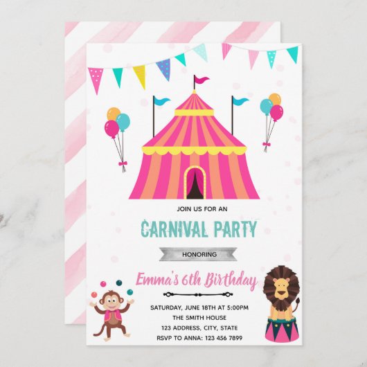 サーカスカーニバルガールパーティー誕生日の招待 招待状 (正面/裏面)