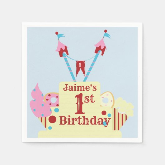 サーカスカーニバルケーキ1st誕生日任意の年齢 スタンダードカクテルナプキン (正面)