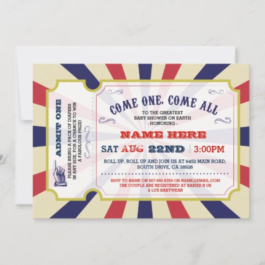 サーカスカーニバルジェンダーリビールベビーシャワー招待状 招待状 (正面)
