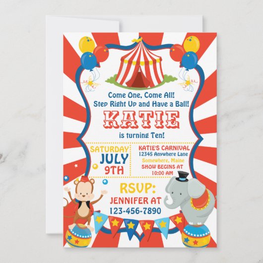 サーカスカーニバルゾウ誕生日招待状 招待状 (正面)