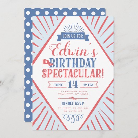 サーカスカーニバルタイポグラフィ誕生日スペクタブル 招待状 (正面/裏面)