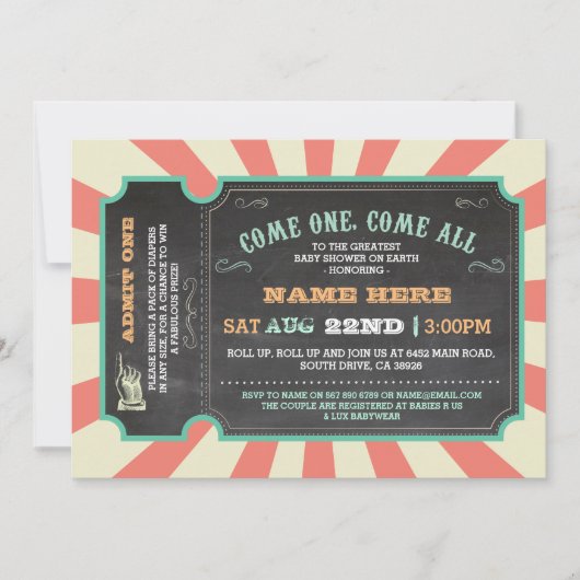 サーカスカーニバルチケットベビーシャワー招待状 招待状 (正面)