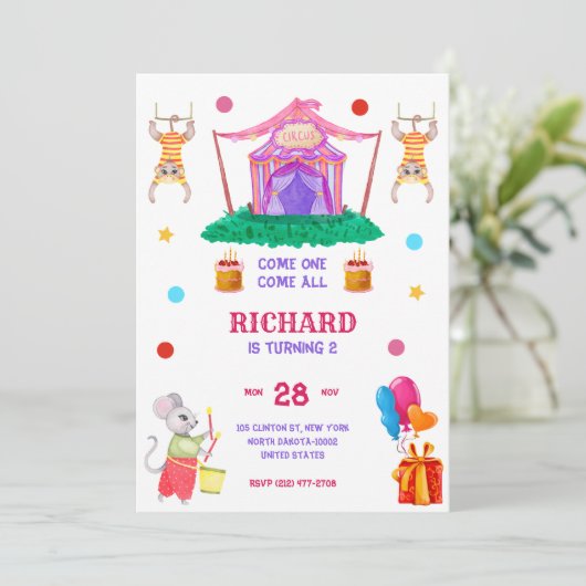 サーカスカーニバルテーマカラフルバースデーパーティー 招待状 (スタンド正面)