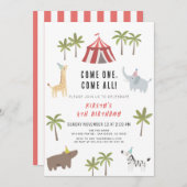サーカスカーニバルパーティー動物子供の誕生日 招待状 (正面/裏面)