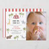 サーカスカーニバルパーティー動物1stバースデーフォト 招待状 (正面/裏面)