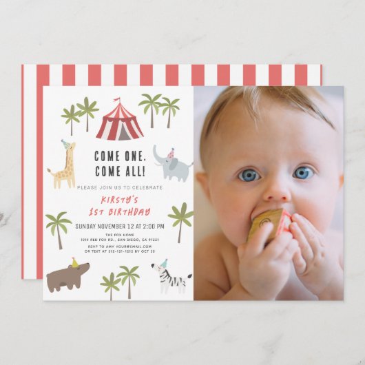 サーカスカーニバルパーティー動物1stバースデーフォト 招待状 (正面/裏面)