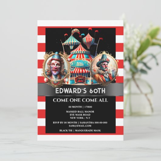サーカスカーニバルピエロがマンテントフラグを表示ストライプのする 招待状 (スタンド正面)