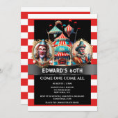 サーカスカーニバルピエロがマンテントフラグを表示ストライプのする 招待状 (正面/裏面)