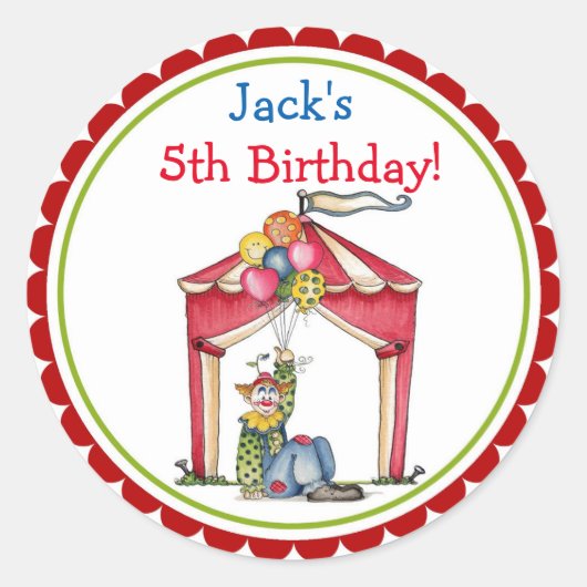 サーカスカーニバルピエロ誕生日パーティー好意ステッカー ラウンドシール (正面)