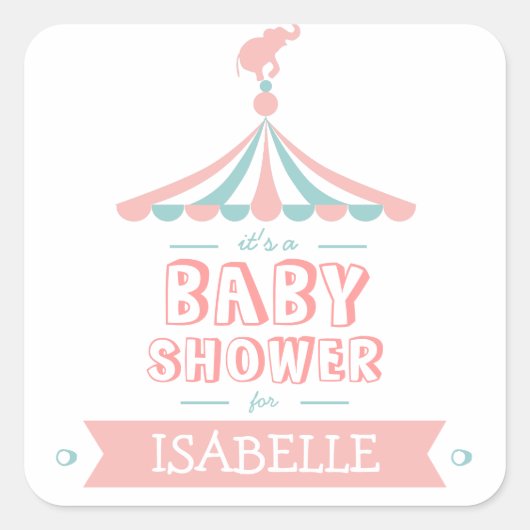 サーカスカーニバルピンクティール(緑がかった色)ベビーシャワーステッカー スクエアシール (正面)