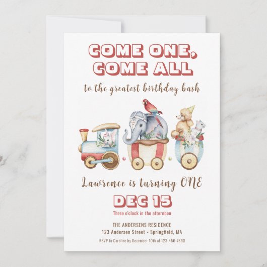 サーカスカーニバルフェスティバル動物トレインキッド誕生日 招待状 (正面)