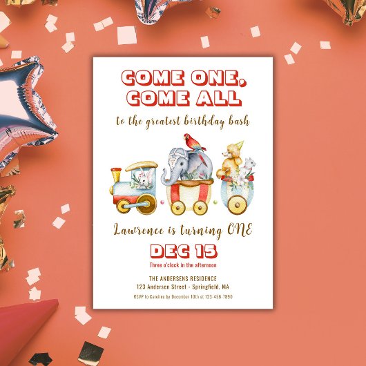 サーカスカーニバルフェスティバル動物トレインキッド誕生日 招待状