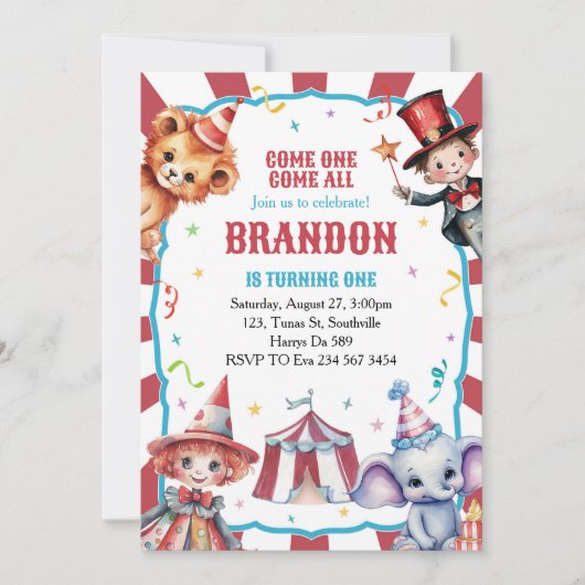 サーカスカーニバルフェスティバル1st誕生日招待状 招待状 (正面)